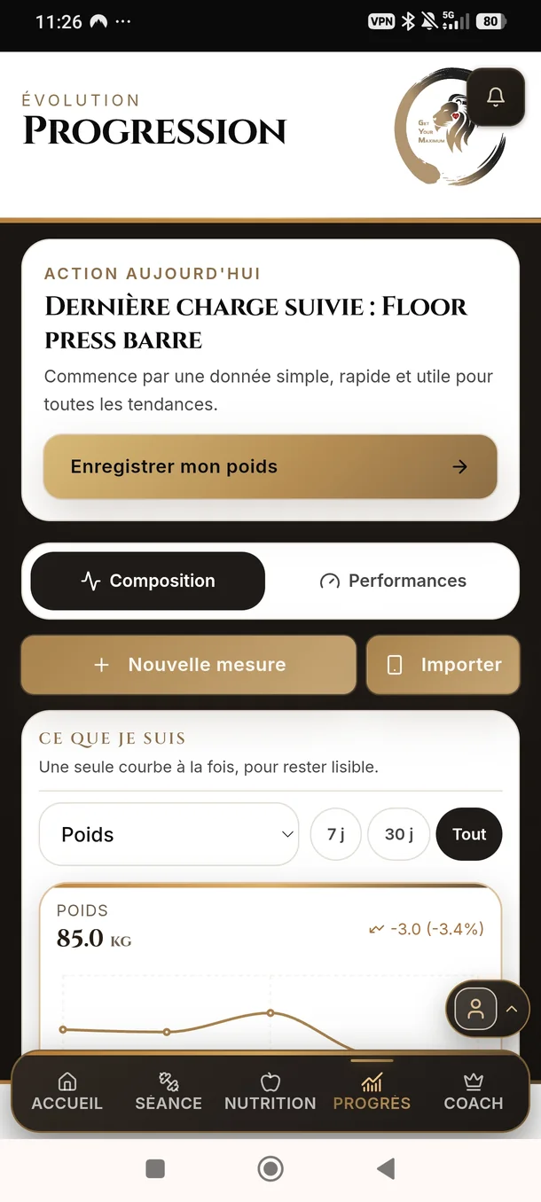 Écran de suivi de progression dans l’application